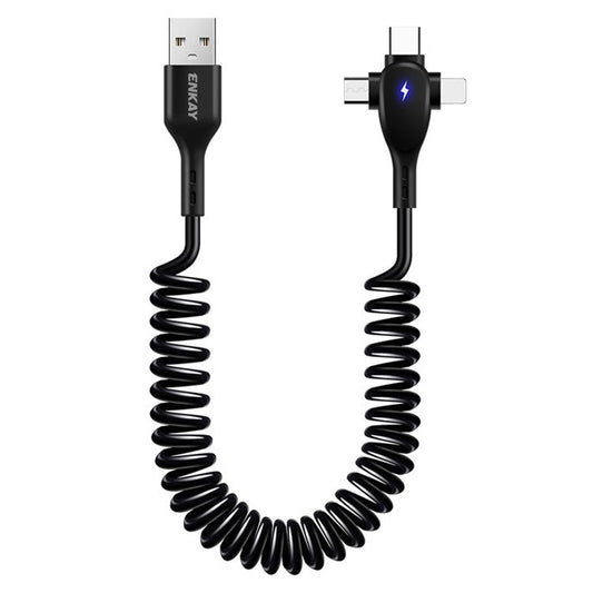 ENKAY HAT PRINCE 1.8m 3-in-1 USB-A to Lightning+Type-C+Micro 6A Charging Cable Spring Data Cord - Black