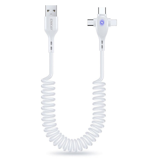 ENKAY HAT PRINCE 1.8m 3-in-1 USB-A to Lightning+Type-C+Micro 6A Charging Cable Spring Data Cord - White