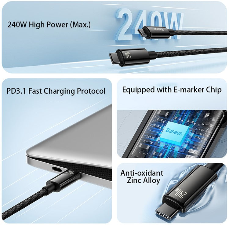 BASEUS Tungsten Gold Series for iPhone 15 Series 1m Type-C to Type-C 240W Fast Charging 480Mbps Transmission Data Cable
