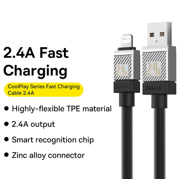 BASEUS CoolPlay Series CB000044 2m USB to iP 7Pin Cable 2.4A High-Speed 480Mbps Data Transfer Line Cord - Black