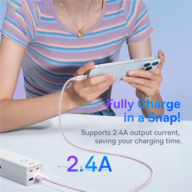 BASEUS Explorer Series 1m Charging Cable USB to iP 2.4A Fast Charging Data Sync Cord with Smart Temperature Control - Pink