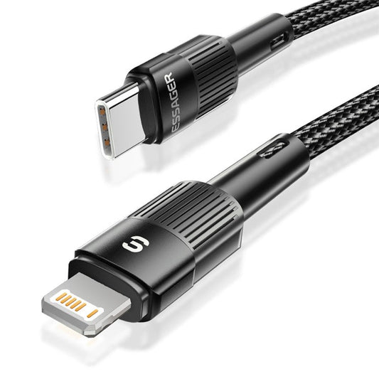 ESSAGER ES-X18 2m PD 29W Nylon Type-C to iP Charger Cable 3A Fast Charging 480Mbps Data Transfer Cord - Black
