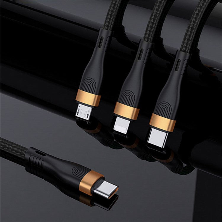 For iPhone 15 Series 1.2m PD 100W 3-in-1 Type-C to Lightning+Type-C+Micro Data Cable Phone Fast Charging Nylon Cable - Black / Gold
