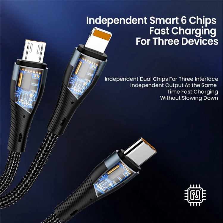 For iPhone 15 Series 1.2m PD 100W 3-in-1 Type-C to Lightning+Type-C+Micro Data Cable Phone Fast Charging Nylon Cable - Black / Gold