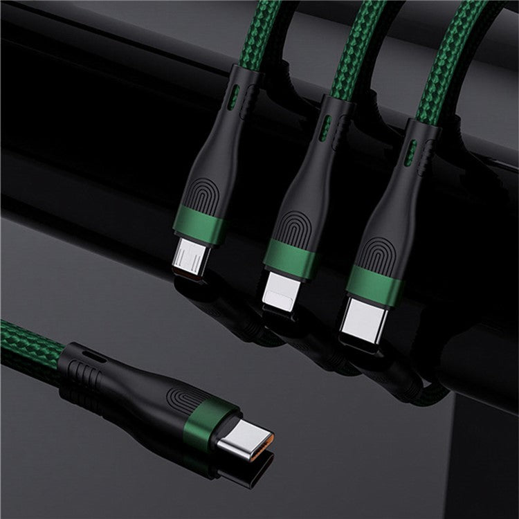 For iPhone 15 Series 1.2m PD 100W 3-in-1 Type-C to Lightning+Type-C+Micro Data Cable Phone Fast Charging Nylon Cable - Dark Green