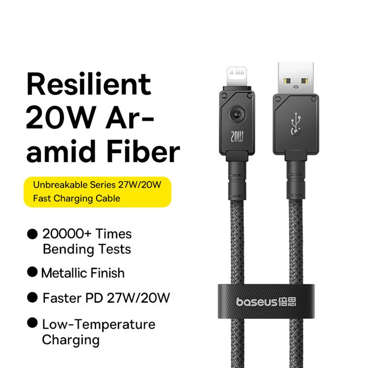 BASEUS Unbreakable Series 2m Type-C to iP Aramid Fiber Braided 20W Fast Charging Data Cable - Cluster Black