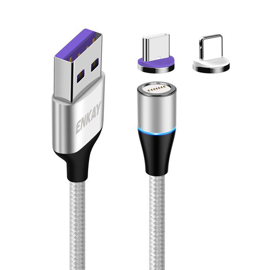 ENKAY HAT PRINCE 1m 5A Fast Charging Magnetic Data Cable 2-in-1 USB to 8-Pin + Type-C Cord - Silver
