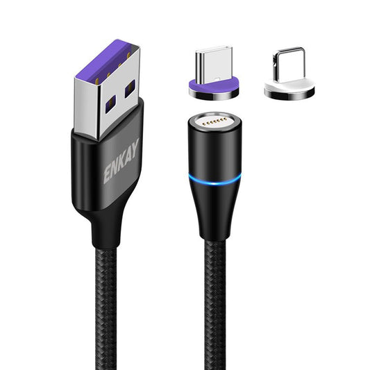 ENKAY HAT PRINCE 1m 5A Fast Charging Magnetic Data Cable 2-in-1 USB to 8-Pin + Type-C Cord - Black