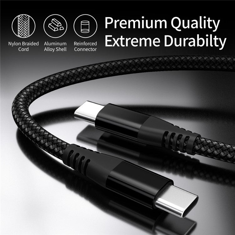 For iPhone 15 Series 3m Type-C to Type-C PD 60W Charging Cable Nylon Braided USB2.0 Data Cable for Cell Phones, Tablets, Laptops - Black