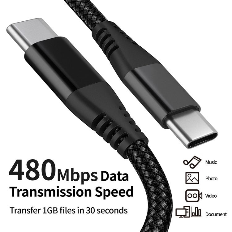 For iPhone 15 Series 3m Type-C to Type-C PD 60W Charging Cable Nylon Braided USB2.0 Data Cable for Cell Phones, Tablets, Laptops - Grey