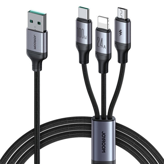JOYROOM SA21-1T3 Speedy Series for iPhone 15 Series 1.2m 3-in-1 Charging Cable 100W Nylon Braided USB-A to iP+Type-C+Micro Fast Charging Cord