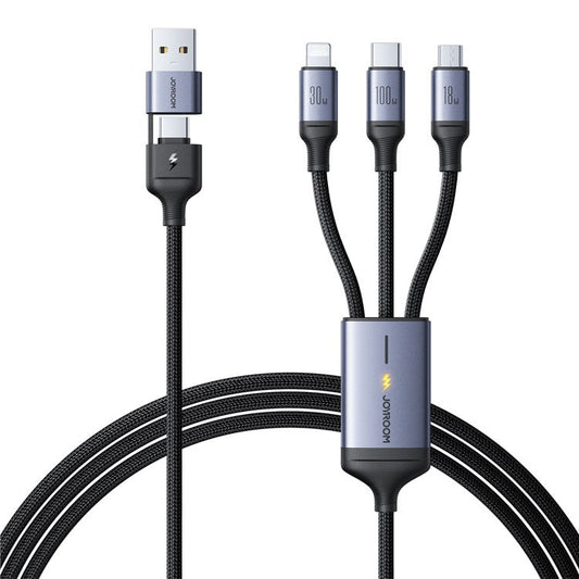 JOYROOM SA21-2T3 Speedy Series for iPhone 15 Series 1.5m Multi Fast Charging Cable 100W USB-A+Type-C to iP+Type-C+Micro Nylon Braided Charging Cord