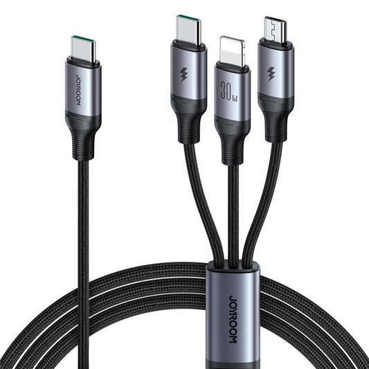 JOYROOM SA21-1T3 Speedy Series for iPhone 15 Series 1.2m 30W Fast Charging Cable Nylon Braided Type-C to iP+Type-C+Micro 3-in-1 Multi Charging Cord
