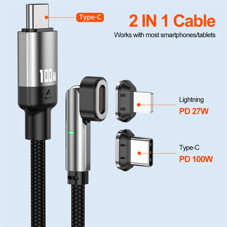 ENKAY 2m 180 Degree Rotation USB-C to Type C / iP 2-in-1 PD 100W / 27W Magnetic Charging Cable