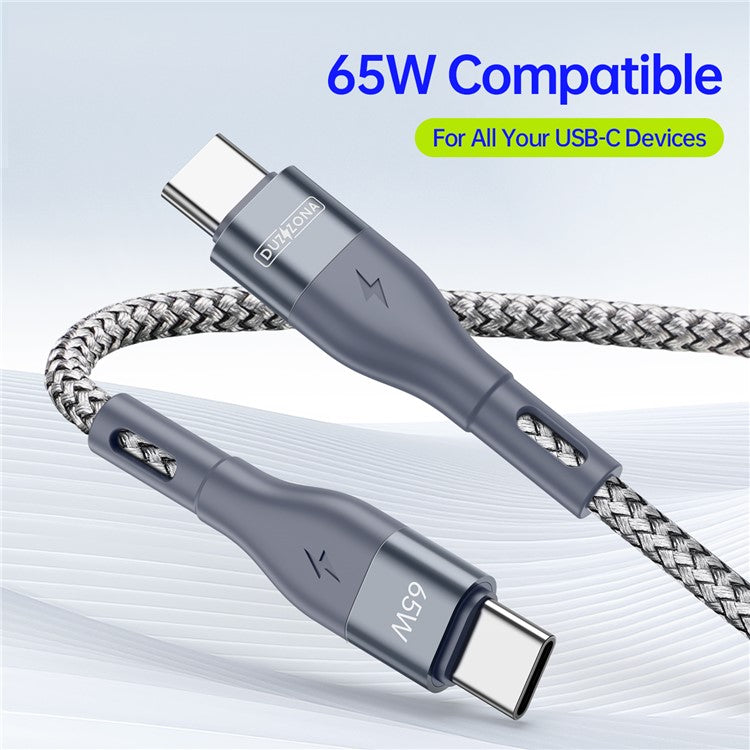 DUZZONA A2 3m PD 65W Fast Charging USB-C to USB-C Cable Nylon Braided Data Cord for iPhone 16-15 Series - Grey