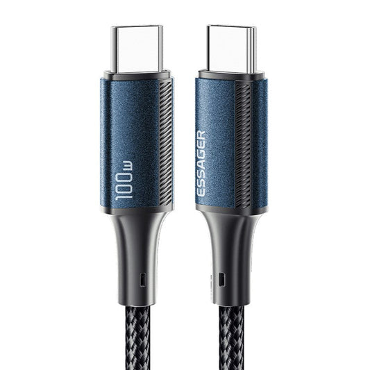 ESSAGER 2m Type-C to Type-C PD 100W 5A Data Cable Nylon Braided Phone Tablet Fast Charging Cord - Blue