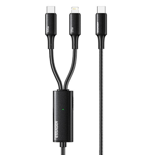 ESSAGER 100W 2-In-1 1.2m Fast Charging Data Cable Type-C to Type-C + iP Charging Cord with Indicator Light - Black