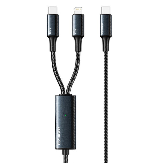 ESSAGER 100W 2-In-1 1.2m Fast Charging Data Cable Type-C to Type-C + iP Charging Cord with Indicator Light - Blue
