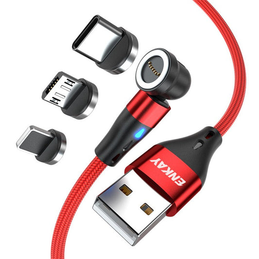ENKAY HAT PRINCE 2m Elbow Magnetic Fast Charging Cable 3-in-1 3A USB to 8-Pin / Type-C / Micro USB Data Cord  with Indicator Light - Red