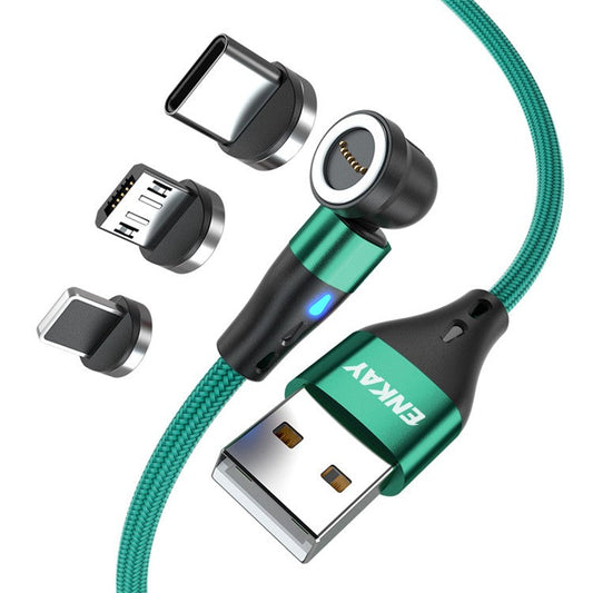 ENKAY HAT PRINCE 2m Elbow Magnetic Fast Charging Cable 3-in-1 3A USB to 8-Pin / Type-C / Micro USB Data Cord  with Indicator Light - Green