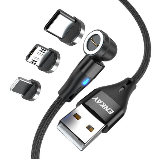 ENKAY HAT PRINCE 2m Elbow Magnetic Fast Charging Cable 3-in-1 3A USB to 8-Pin / Type-C / Micro USB Data Cord  with Indicator Light - Black