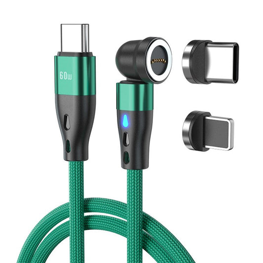 ENKAY HAT PRINCE 2m 540-degree Rotating Magnetic Charging Cable 2-in-1 PD 60W Type-C to 8-Pin + Type-C Data Cord with LED Light - Green
