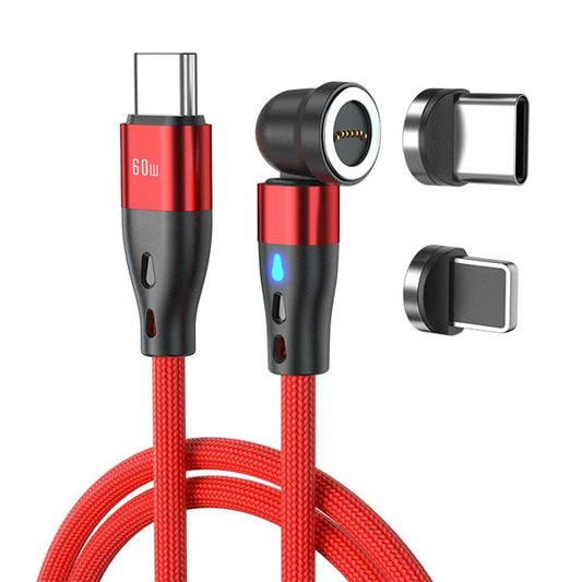 ENKAY HAT PRINCE 2m 540-degree Rotating Magnetic Charging Cable 2-in-1 PD 60W Type-C to 8-Pin + Type-C Data Cord with LED Light - Red