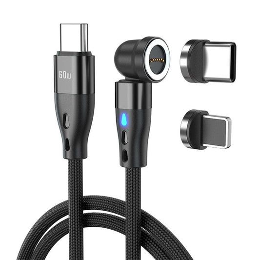 ENKAY HAT PRINCE 2m 540-degree Rotating Magnetic Charging Cable 2-in-1 PD 60W Type-C to 8-Pin + Type-C Data Cord with LED Light - Black