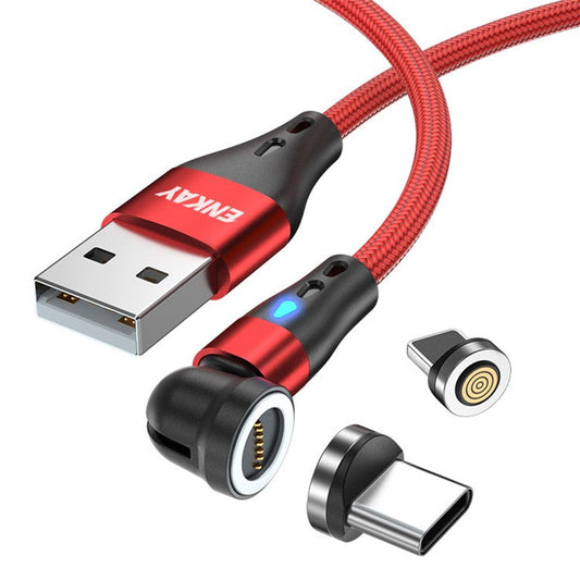 ENKAY HAT PRINCE 2m 3A Fast Charging Magnetic Data Cable 2-in-1 USB to 8-Pin + Type-C Nylon Braided Cord with LED Light - Red