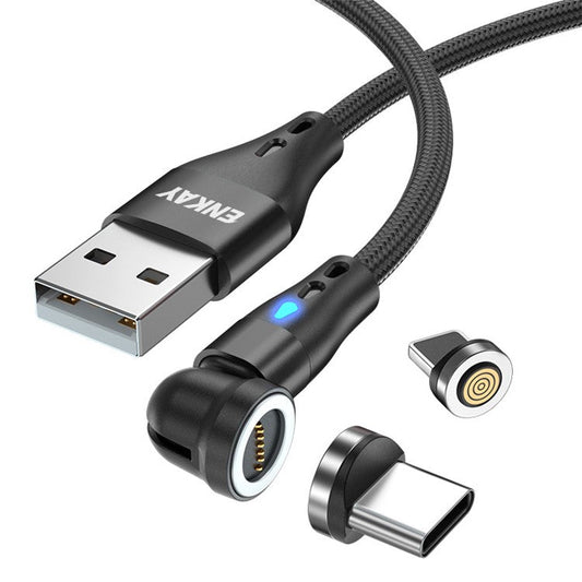 ENKAY HAT PRINCE 2m 3A Fast Charging Magnetic Data Cable 2-in-1 USB to 8-Pin + Type-C Nylon Braided Cord with LED Light - Black