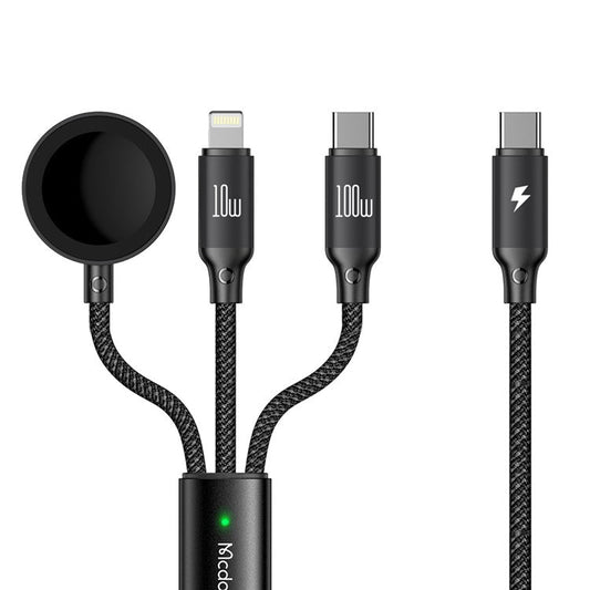 MCDODO CA-4940 Beta Series for iPhone 15 Series 1.2m USB-C to Type-C + iP + Wireless Charger for Apple Watch 3 in 1 Charging Cable, Black