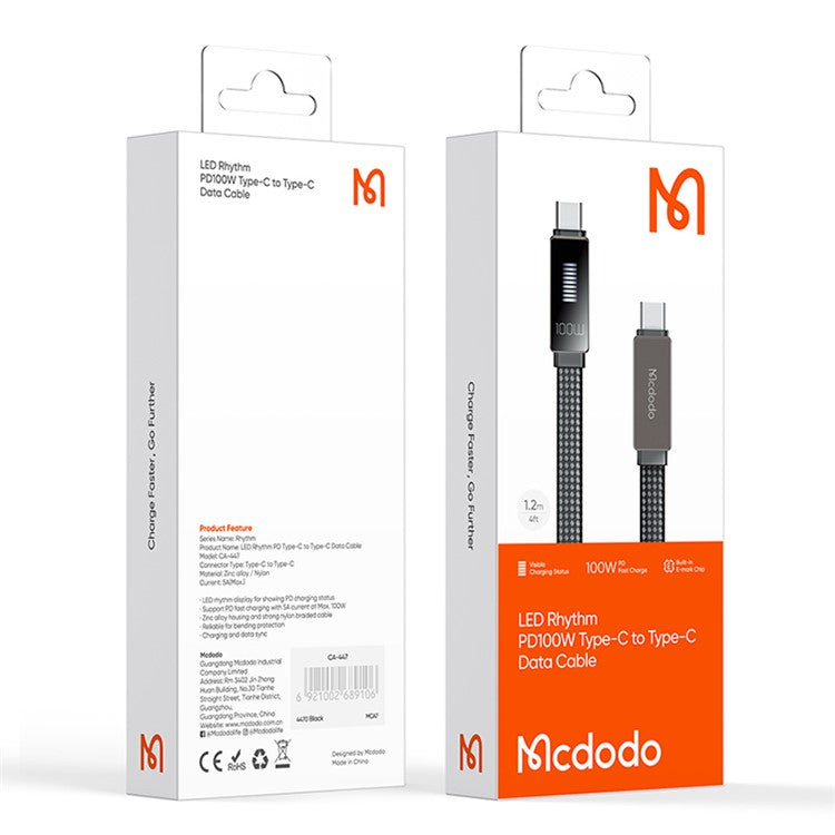 MCDODO CA-4470 Rhythm Series for iPhone 15 Series 1.2m PD 100W Type-C to Type-C Data Cable with 9-level Light Display, Black