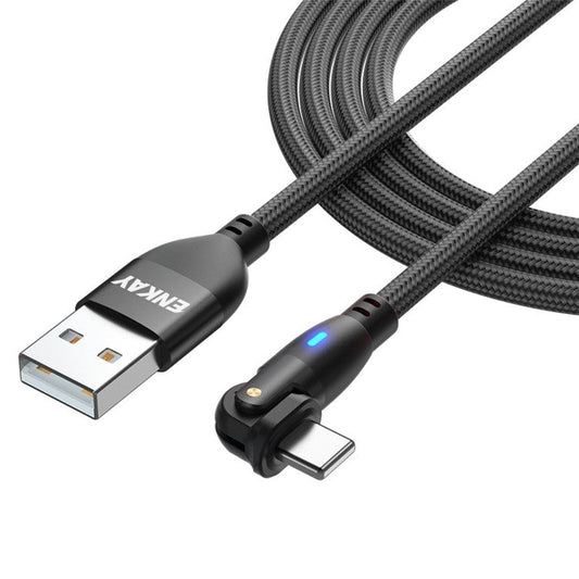 ENKAY 2m 2.1A Charging Wire USB to Lightning 180 Degree Rotate Data Cable with LED Indicator - Black