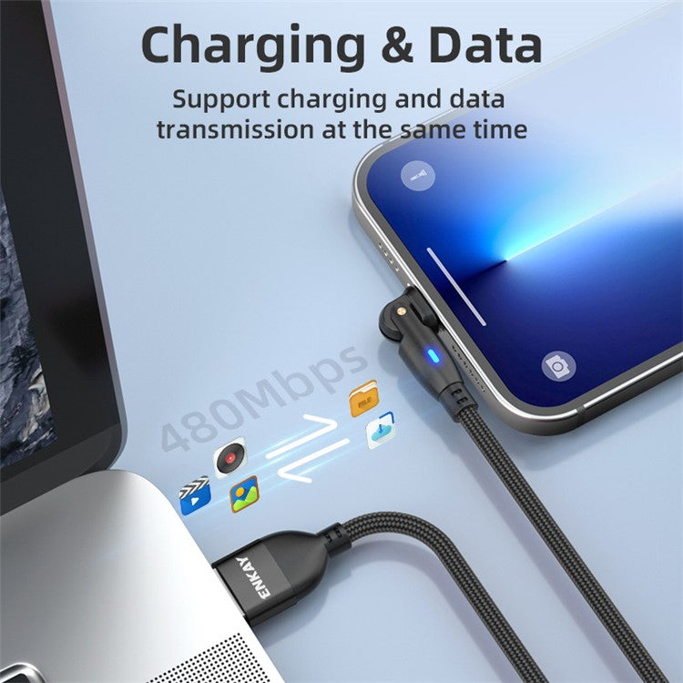 ENKAY 2m 2.1A Charging Wire USB to Lightning 180 Degree Rotate Data Cable with LED Indicator - Purple