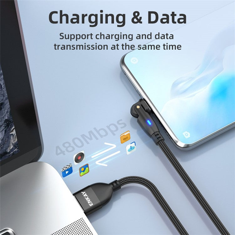 ENKAY 2m 3A Fast Charging USB to Type-C 180 Degree Rotate Nylon Braided Data Cable with LED Indicator - Black