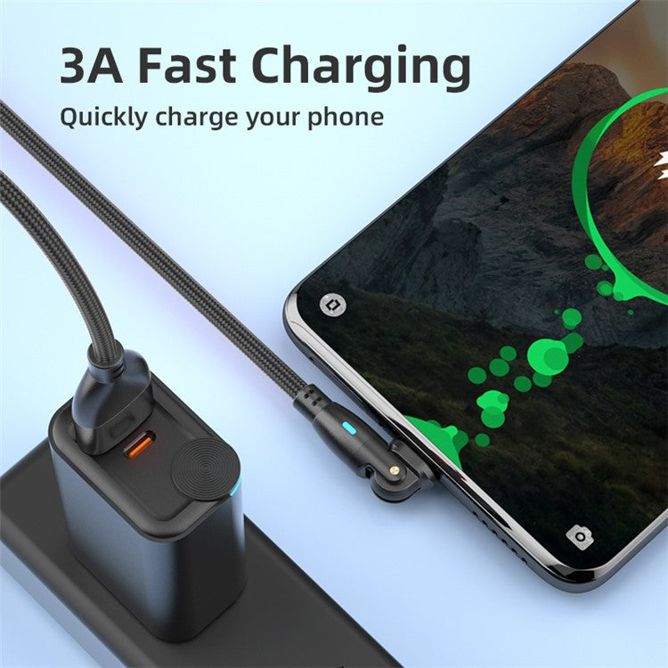 ENKAY 2m 3A Fast Charging USB to Type-C 180 Degree Rotate Nylon Braided Data Cable with LED Indicator - Black