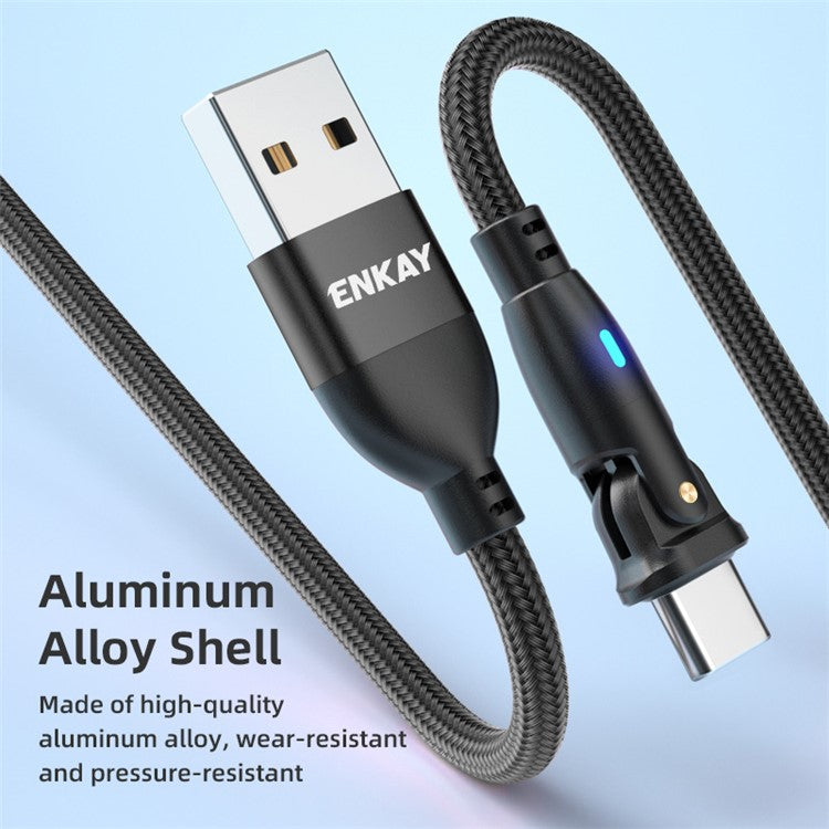 ENKAY 2m 3A Fast Charging USB to Type-C 180 Degree Rotate Nylon Braided Data Cable with LED Indicator - Purple