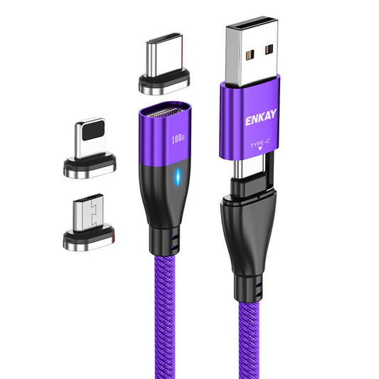 ENKAY HAT PRINCE 6-in-1 2m PD 100W Magnetic Charging Cable Type-C / USB-A to IP / Type-C / Micro USB Phone Data Cord - Purple