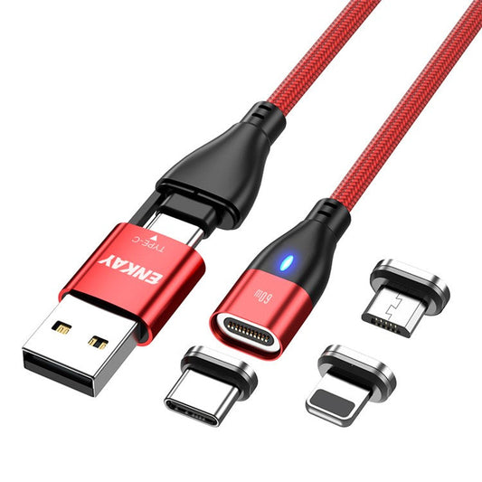 ENKAY HAT PRINCE 6-in-1 1m Magnetic Charging Cable PD 60W Type-C / USB-A to IP / Type-C / Micro USB Data Cord - Red