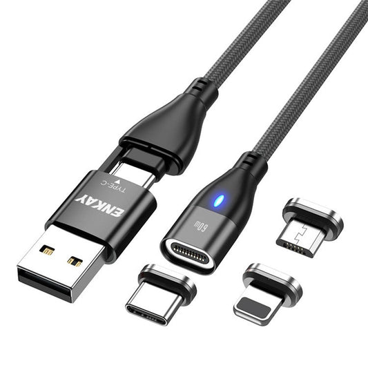 ENKAY HAT PRINCE 6-in-1 1m Magnetic Charging Cable PD 60W Type-C / USB-A to IP / Type-C / Micro USB Data Cord - Black