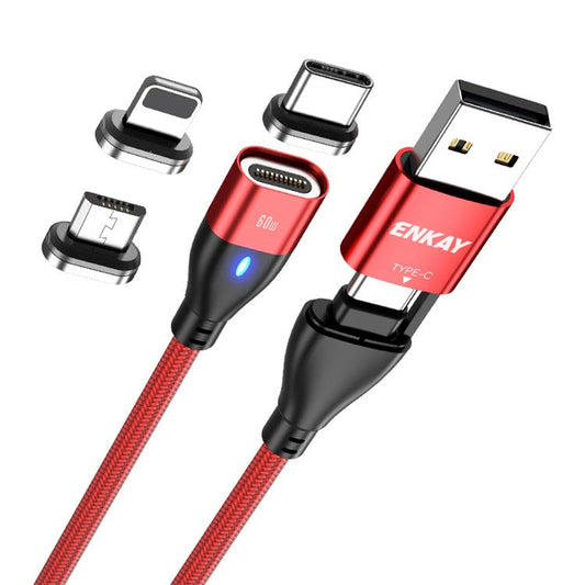 ENKAY HAT PRINCE 6-in-1 2m PD 60W Cable Type-C / USB-A to IP / Type-C / Micro USB Magnetic Data Cord - Red
