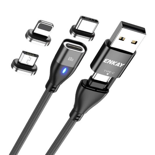ENKAY HAT PRINCE 6-in-1 2m PD 60W Cable Type-C / USB-A to IP / Type-C / Micro USB Magnetic Data Cord - Black