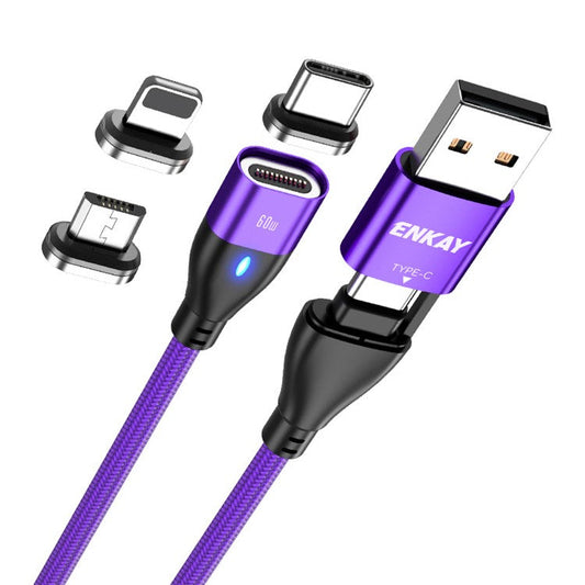 ENKAY HAT PRINCE 6-in-1 2m PD 60W Cable Type-C / USB-A to IP / Type-C / Micro USB Magnetic Data Cord - Purple