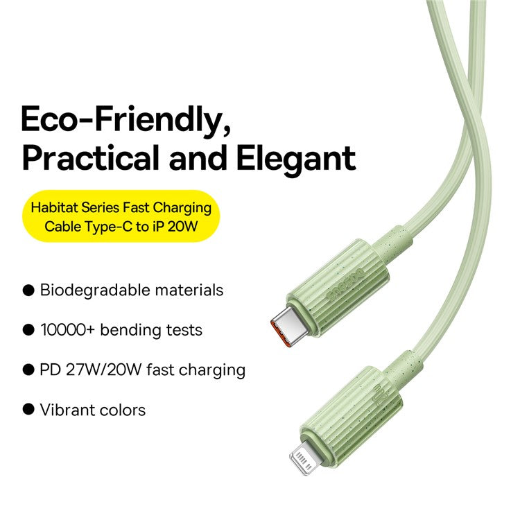 BASEUS Habitat Series 1m Type-C to iP Charging Cable Biodegradable 2.4A 20W PD Fast Charging Data Cable for iPhone  /  iPad - Green