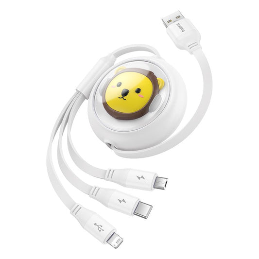 BASEUS CB000063 1.1m 3.5A Retractable Charging Cable USB to Micro USB + Type-C + iP 3-in-1 Fast Charger Data Cord - White