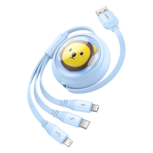 BASEUS CB000063 1.1m 3.5A Retractable Charging Cable USB to Micro USB + Type-C + iP 3-in-1 Fast Charger Data Cord - Blue
