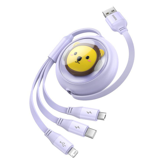 BASEUS CB000063 1.1m 3.5A Retractable Charging Cable USB to Micro USB + Type-C + iP 3-in-1 Fast Charger Data Cord - Purple