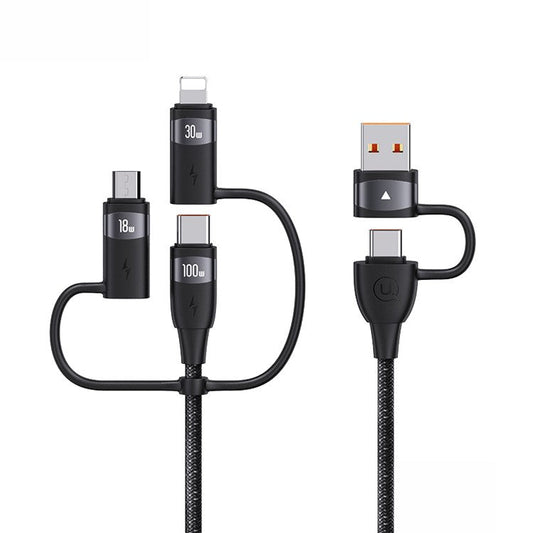 USAMS US-SJ645 U85 USB-A to Type-C to Type-C+8Pin+Micro 6 in 1 PD 100W Fast Charging Cable 1.2m Aluminium Alloy Data Cord - Black