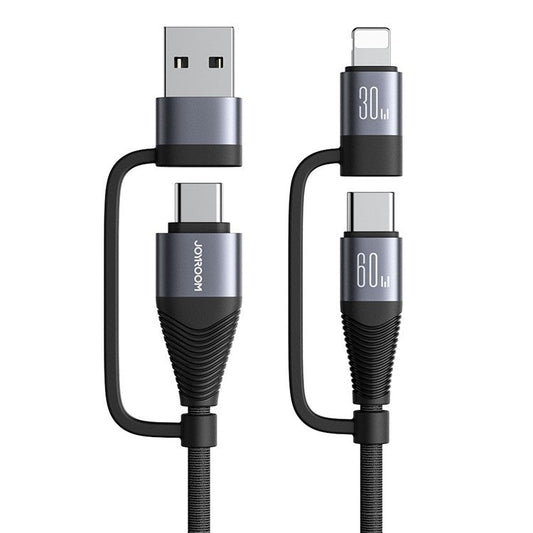 JOYROOM SA37-2T2 Multi-Function Series for iPhone 16-15 Series USB-A+Type-C to 8Pin+Type-C 60W 4 in 1 Fast Charging Cable Data Cord, 1.2m