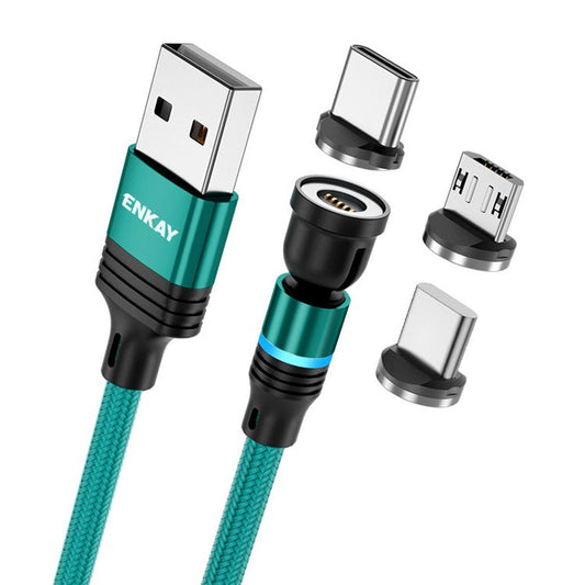 ENKAY HAT PRINCE 1m Rotation Magnetic Cable 3A USB to iP / Type-C / Micro USB Data Cord with LED Light - Green